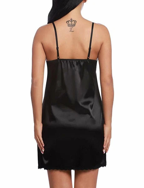 Sexy Lingerie Women Satin Lace Chemise Nightgown Silk Negligee Sling Nightshirt