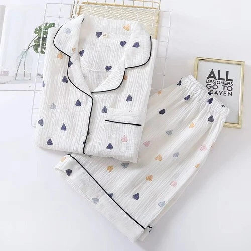 Summer Ladies Cotton Gauze Short Sleeve Shorts Pajamas Suit Cute Heart-shaped