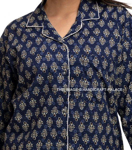 Women’s Two-Piece Long Sleeve Button Down Sleepwear/Lounge PJ Set Cotton Blue