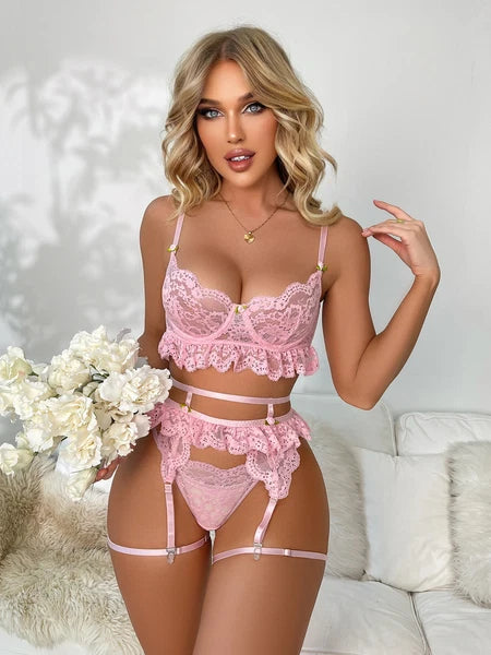 Sexy Women Lingerie Pink Lace Dress G-string Underwear Babydoll Sleepwear Gift