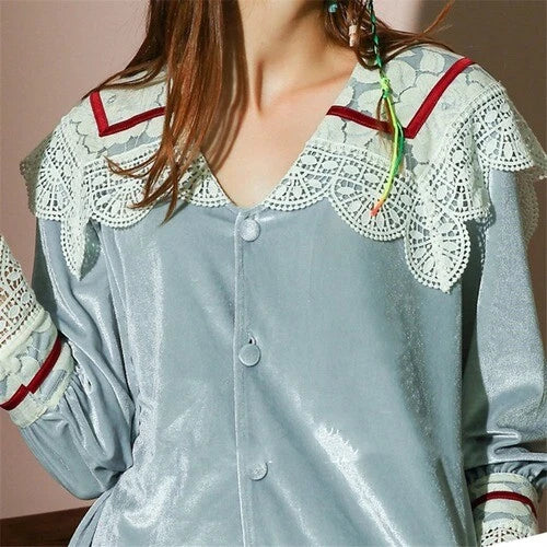 Korean Style Lace Gold Velvet Sleepwear Neck Pajamas Lace Women Nightwear Set