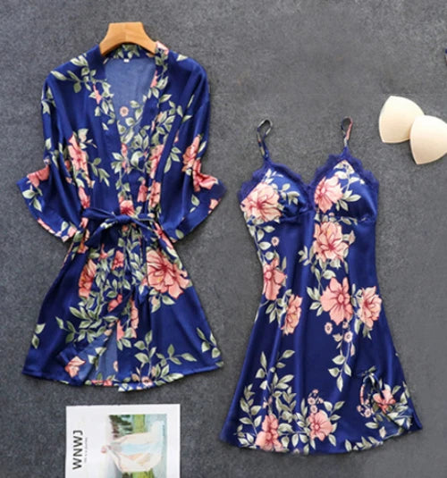 Pink Pajamas Sets Womens Strap Top Pants Sleepwear Suit Nightwear Robe Bath Gown