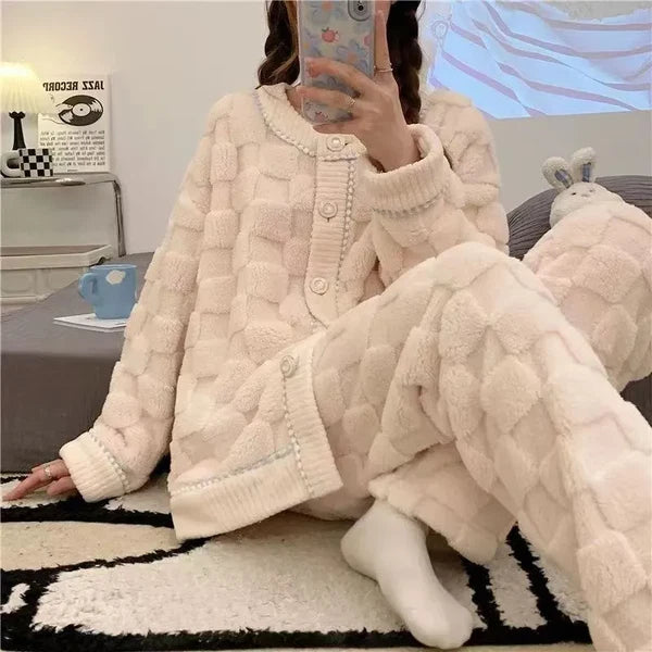 Women Coral Fleece Pajamas Set Lounge Home Suit Warm Sleepwear Homewear Set