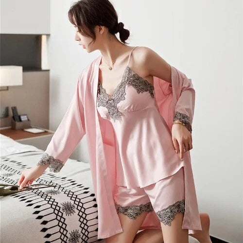 5PC Robe Sleep Suit Lace Satin Pajamas Gown Set V-Neck Wear Home Nightwear