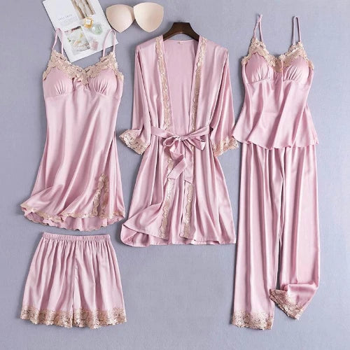 5PCS Lace Satin Robe Gown Set Sexy Women Nightgown Sleep Suit Home Kimono Pajama