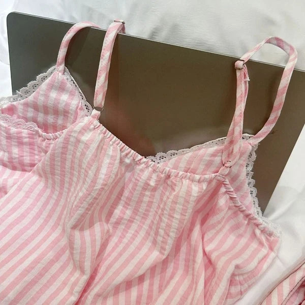 Sleeveless Lace Stripe Pyjama Suit Two Piece Pyjama Sets Gifts-