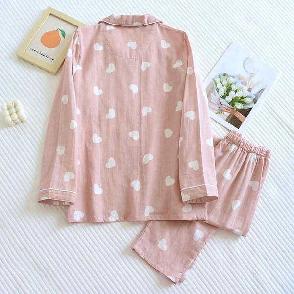 Women's Cotton Nightwear Sleepwear Heart Print Pajama Set Long Sleeve 2 Piece
