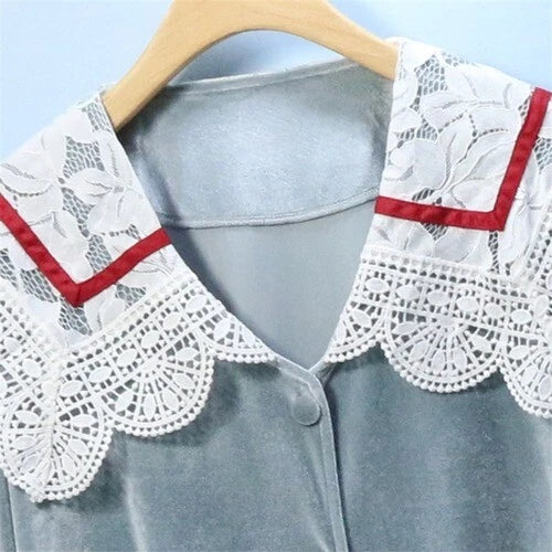 Korean Style Lace Gold Velvet Sleepwear Neck Pajamas Lace Women Nightwear Set