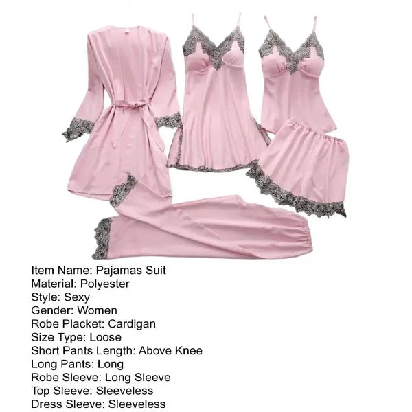 Lace Patchwork Women's Pajamas Set with Top Shorts Pants Lace-up Waist Homewear