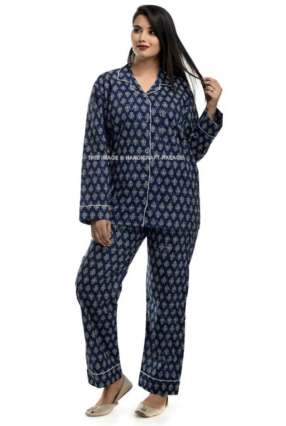 Women’s Two-Piece Long Sleeve Button Down Sleepwear/Lounge PJ Set Cotton Blue