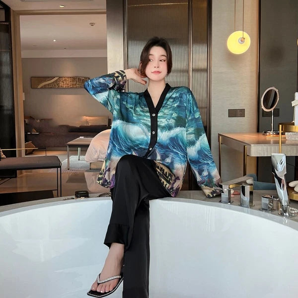 Women's Pajamas Set Luxury Print Silk Sleepwear V Neck Design Homewear Nightwear