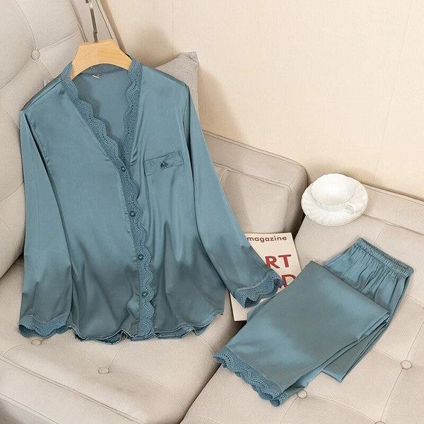 Pajamas Set Satin Women 2 Piece Sleepwear Silky Pyjamas Nightwear Shirt&Pants