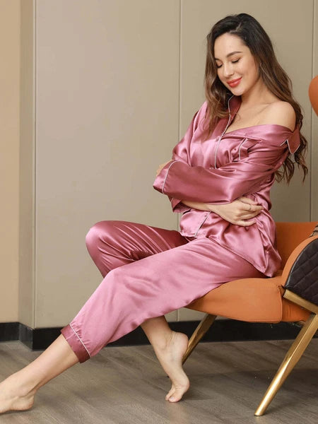 Women's 19mm Pure Mulberry Silk Pajamas Set Silk Sleepwear Nightwear Home Wear