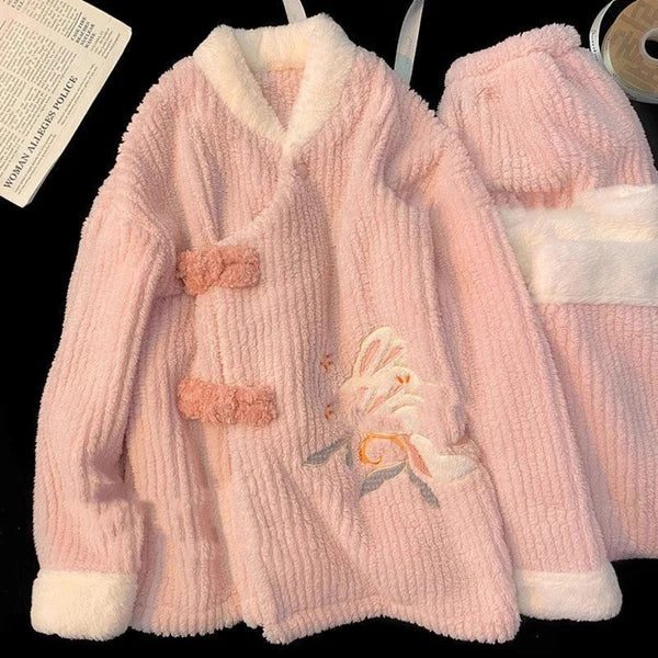 Plush Two Piece Pajama Set Rabbit Winter Sleepwear Home-