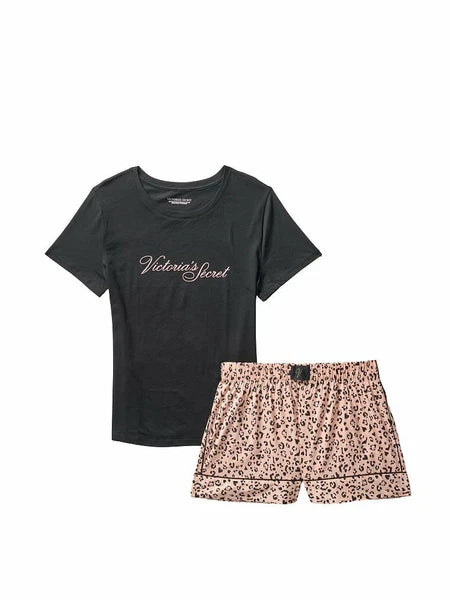 VICTORIA'S SECRET S,M, 2XLCotton Short Logo Tee-Pajama Black Dots or Leopard NWT