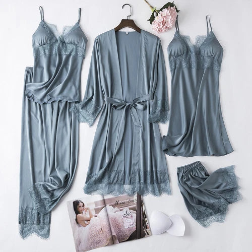 5PCS Lace Satin Robe Gown Set Sexy Women Nightgown Sleep Suit Home Kimono Pajama