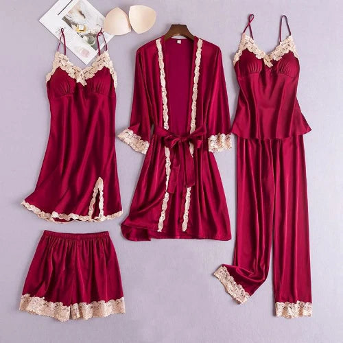 5PCS Lace Satin Robe Gown Set Sexy Women Nightgown Sleep Suit Home Kimono Pajama