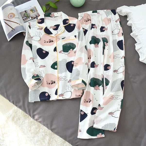 Women Pajamas Set 100% Cotton Printed Sleepwear Casual Nightwear Gauze Home Wear