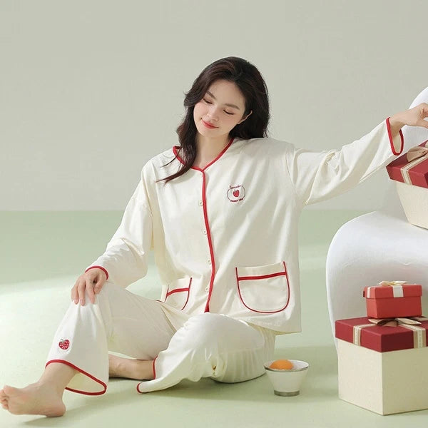 Women's Pajama Set Autumn Embroidered Comfortable Casual Antibacterial Sleepwear