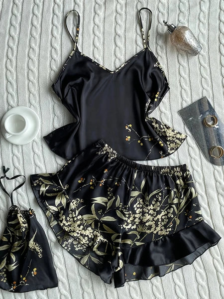 Floral Print Cami Tops Ruffle Hem Shorts Pajama Set Women's Sleepwear Loungewear