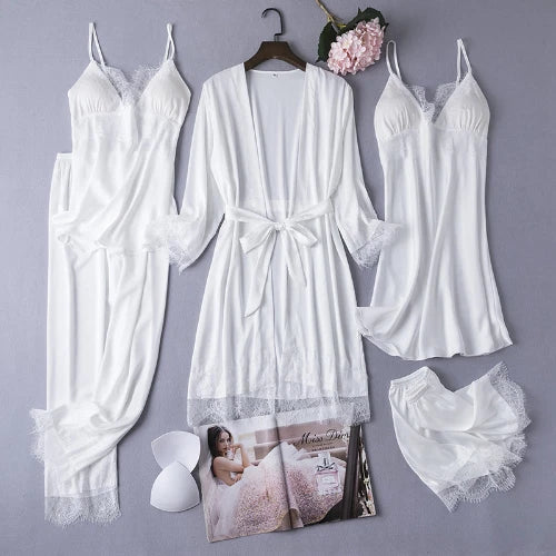 5PCS Lace Satin Robe Gown Set Sexy Women Nightgown Sleep Suit Home Kimono Pajama