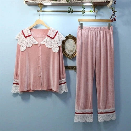 Korean Style Lace Gold Velvet Sleepwear Neck Pajamas Lace Women Nightwear Set