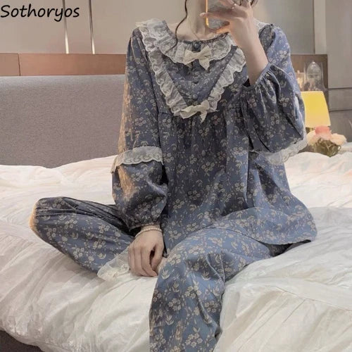 Women Long Sleeve Pajama Sets Floral Lace Princess Ruffles Lounge O-neck Pyjamas