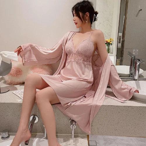 Sexy Robe Set Lace 2PCS Bathrobe Nightdress V-Neck Kimono Gown Sleepwear Suit