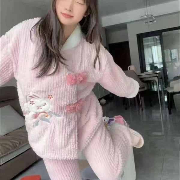 Plush Two Piece Pajama Set Rabbit Winter Sleepwear Home-
