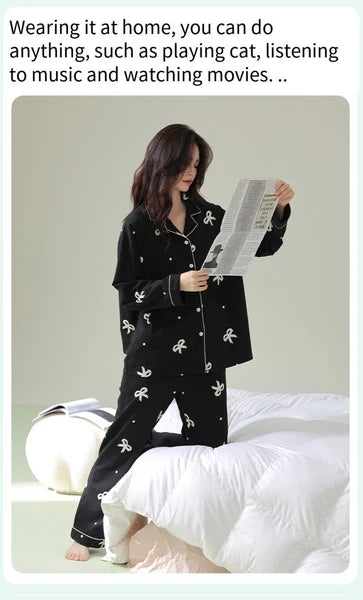 Women's Pajamas Set Long Sleeve Cardigan Bow Print Comfortable Antibacterial Homewear-