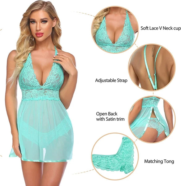 Women Sexy Lingerie Lace Babydoll V Neck Chemise Teddy Strap Sleepwear Panty Set