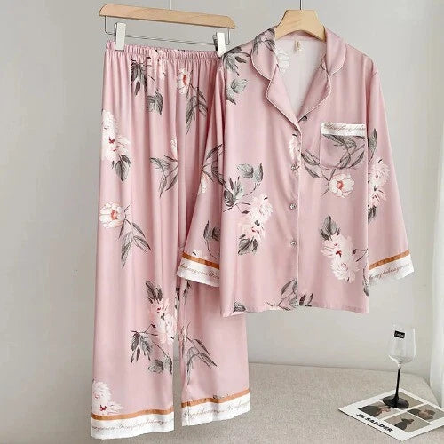 Sleepwear Two-Piece Set Elegant Print Plaid LongSleeve PijamasSuit Spring Summer