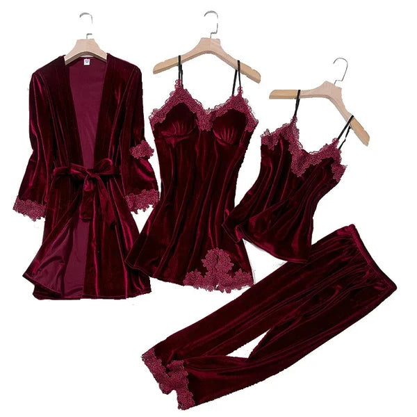 Velour Home Clothing 4pcs Sleep Set Intimate Lingerie Women Pajamas Long Sleeve