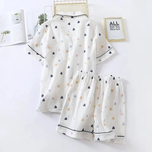 Summer Ladies Cotton Gauze Short Sleeve Shorts Pajamas Suit Cute Heart-shaped