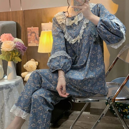 Women Long Sleeve Pajama Sets Floral Lace Princess Ruffles Lounge O-neck Pyjamas