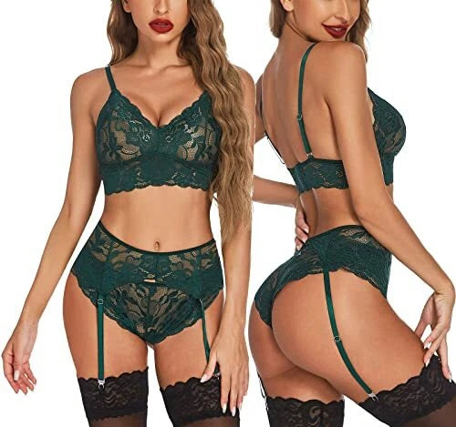 Women Sexy Lingerie Set with Garter Belt Floral Lace Bra and Panty Set Nightwear