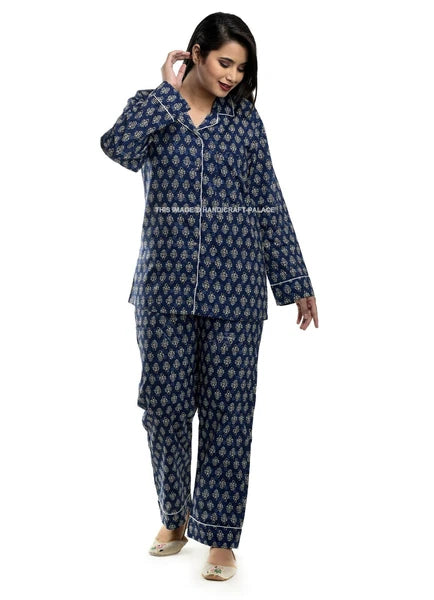 Women’s Two-Piece Long Sleeve Button Down Sleepwear/Lounge PJ Set Cotton Blue