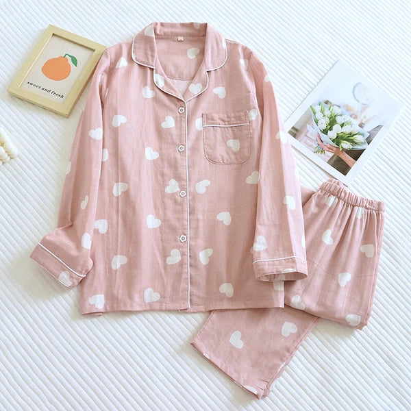 Women's Cotton Nightwear Sleepwear Heart Print Pajama Set Long Sleeve 2 Piece