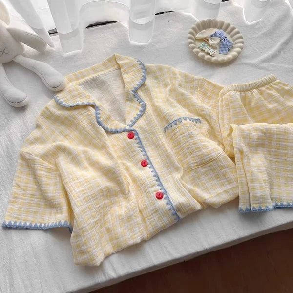 Summer Thin Plaid Pajama Set Cute 2 Piece Sleepwear Indoor Outdoor-