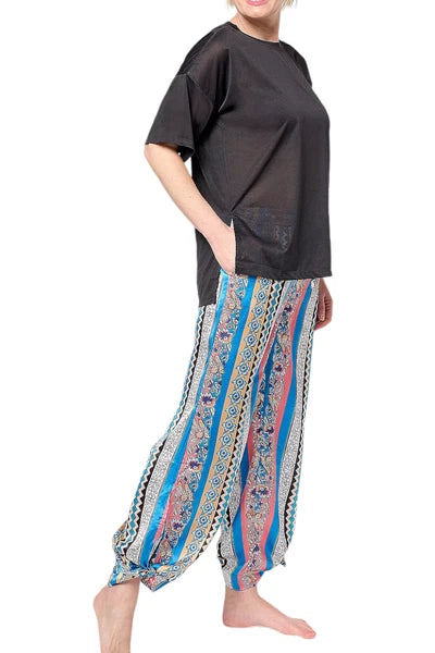 Tolani Collection Relaxed Tee & Side Tie PJ Set Noire/MultiStrip