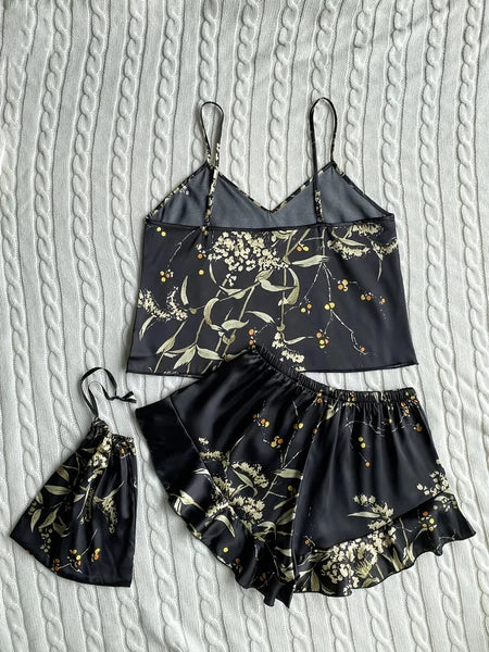 Floral Print Cami Tops Ruffle Hem Shorts Pajama Set Women's Sleepwear Loungewear
