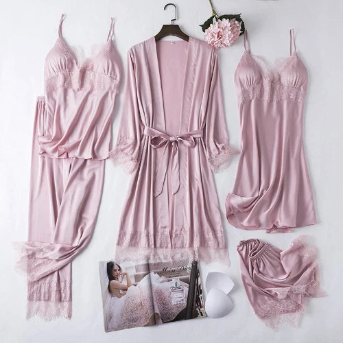 5PCS Lace Satin Robe Gown Set Sexy Women Nightgown Sleep Suit Home Kimono Pajama