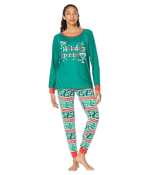 Pajamarama Merrily Coupled Long Pajama Sets Womens Green Holiday Spirits JDM1214
