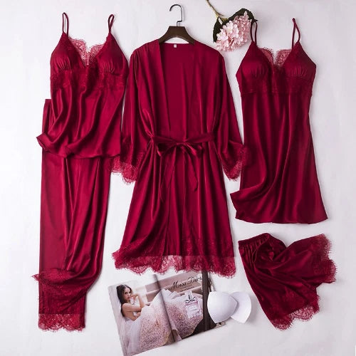 5PCS Lace Satin Robe Gown Set Sexy Women Nightgown Sleep Suit Home Kimono Pajama
