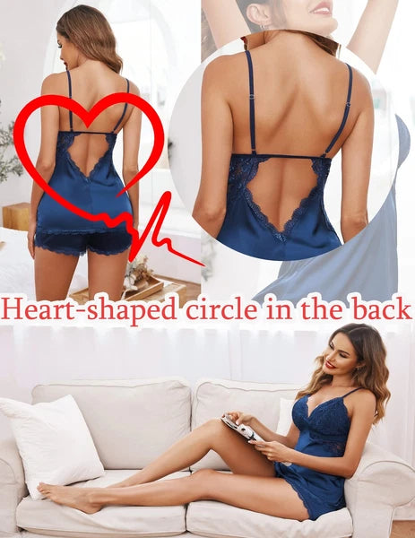 Women Sleepwear Satin Pajamas Set Lace Camisole Shorts Nightwear Sexy Lingerie