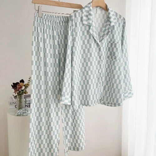 Sleepwear Two-Piece Set Elegant Print Plaid LongSleeve PijamasSuit Spring Summer