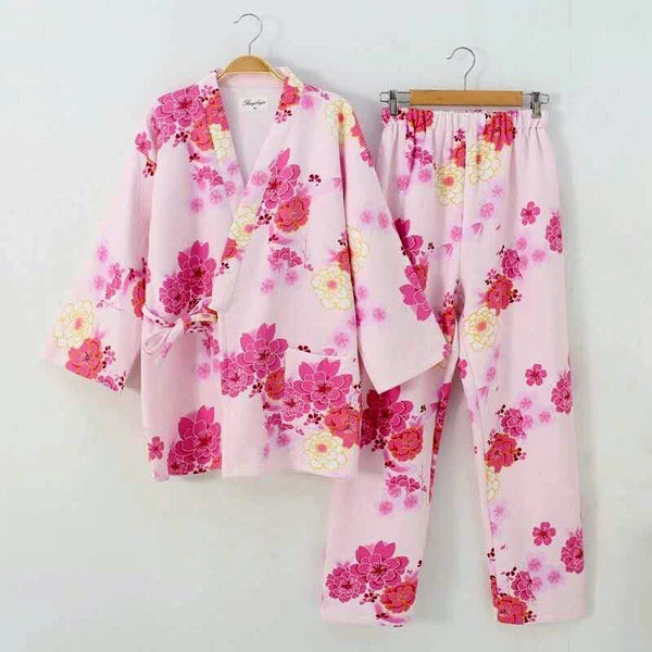 Women Thick Floral JINBEI Kimono Sleepwear Pajama Sets Long Sleeve Top Pants