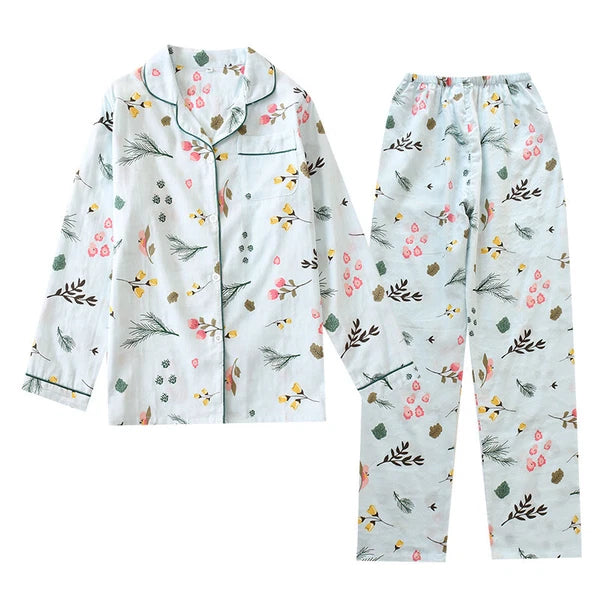Women Pajamas Set 100% Cotton Printed Sleepwear Casual Nightwear Gauze Home Wear