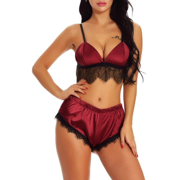 US Women Sexy Lingerie Sleepwear Satin Silk Babydoll Lace Nightwear Pajamas Set