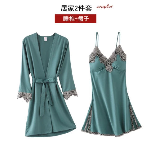 5PC Ice Silk Robe Sleep Suit Women Lace Satin Pajamas Gown Set V-Neck Nightwear